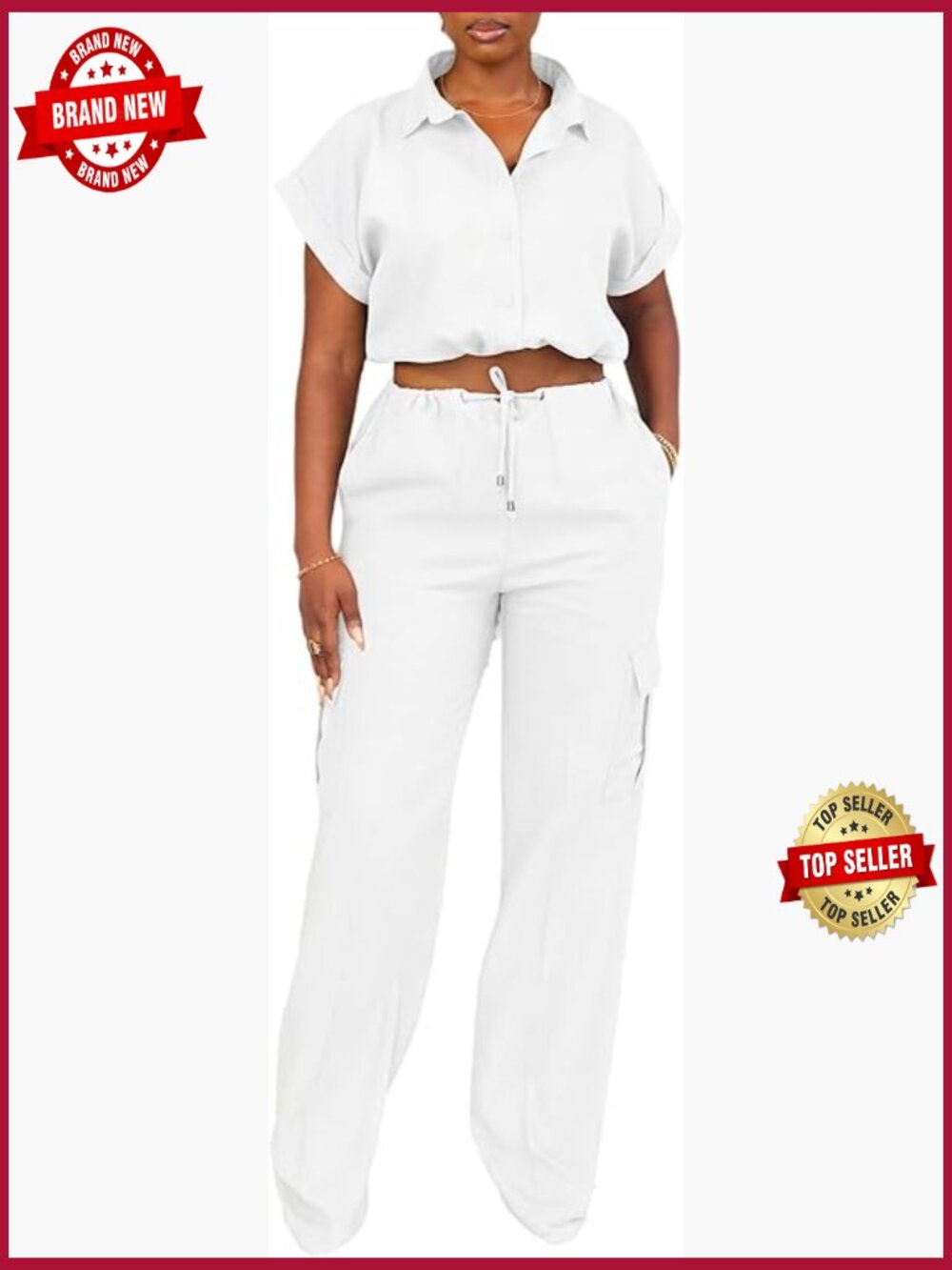 Short Sleeve Crop Top & Wide Leg Cargo Pants Set - Two Piece Lounge Outfit